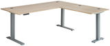 Moderner Winkelschreibtisch mit zwei Motoren, Holzoptik, graue Metallbeine, seitliche Perspektive