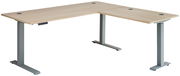 Moderner Winkelschreibtisch mit zwei Motoren, Holzoptik, graue Metallbeine, seitliche Perspektive