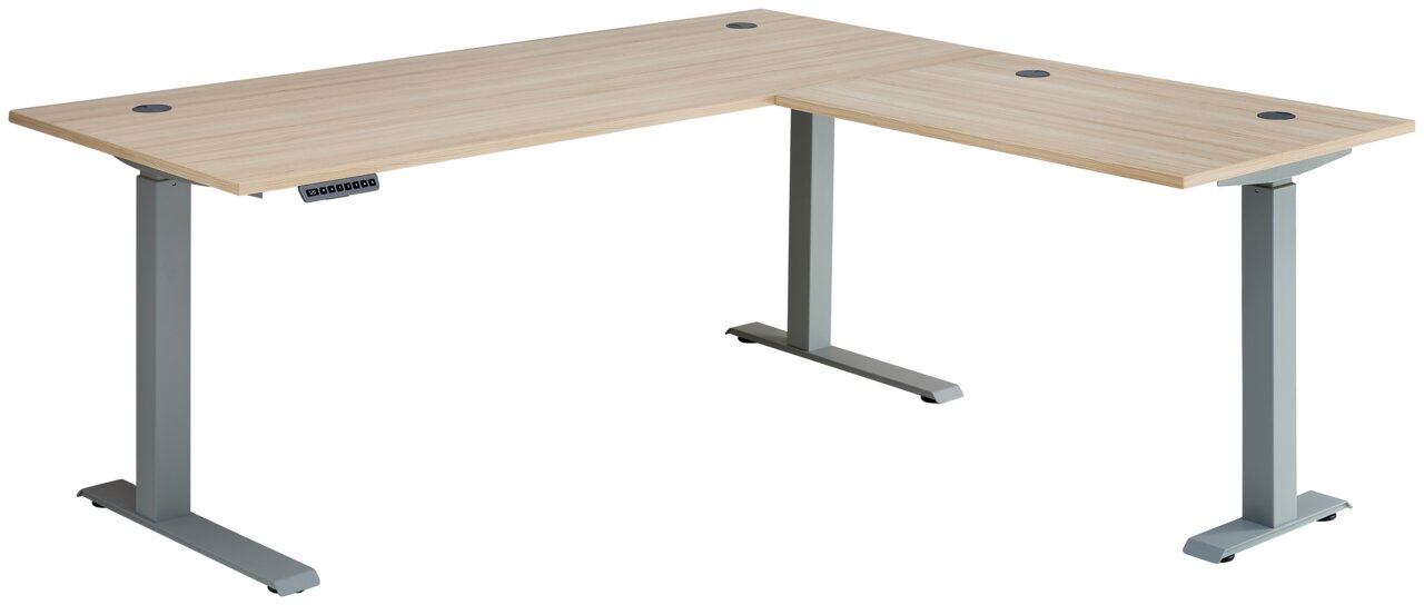 Moderner Winkelschreibtisch mit zwei Motoren, Holzoptik, graue Metallbeine, seitliche Perspektive