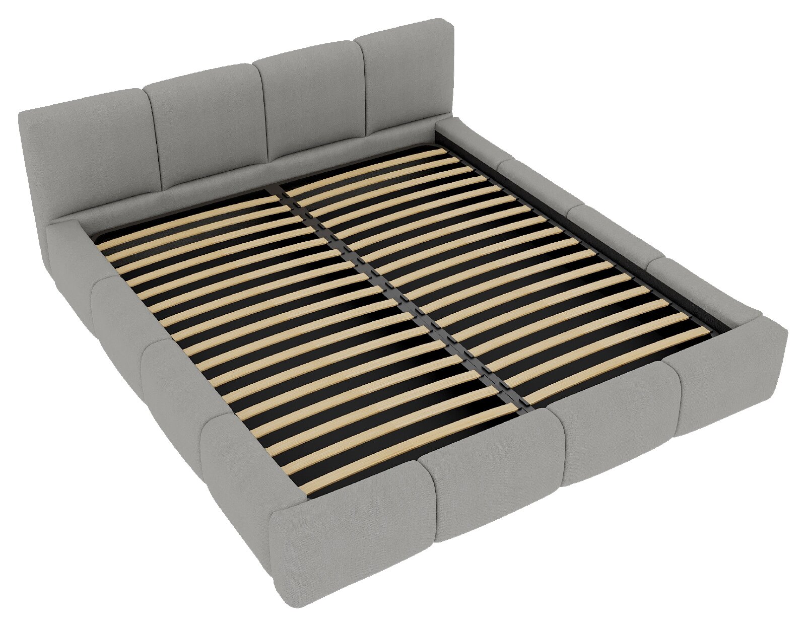 Modernes, grau gepolstertes Doppelbett mit hohem, segmentiertem Kopfteil, gepolstertem Rahmen und sichtbarem Holzlattenrost, schräg aus erhöhter Vorderansicht dargestellt