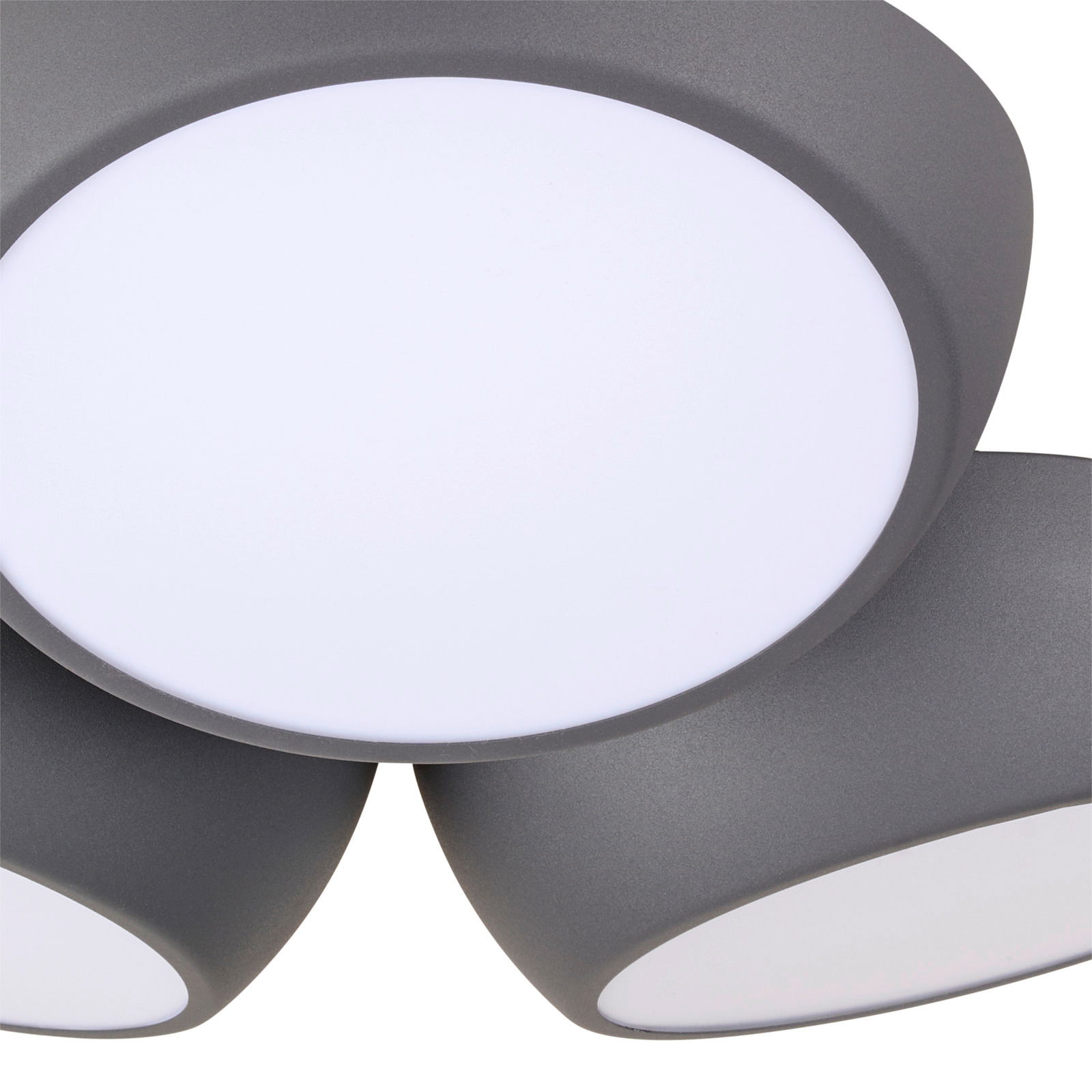 Nahaufnahme der LED-Deckenleuchte Bubbles mit grauem Gehäuse und runden, weißen Leuchtflächen.