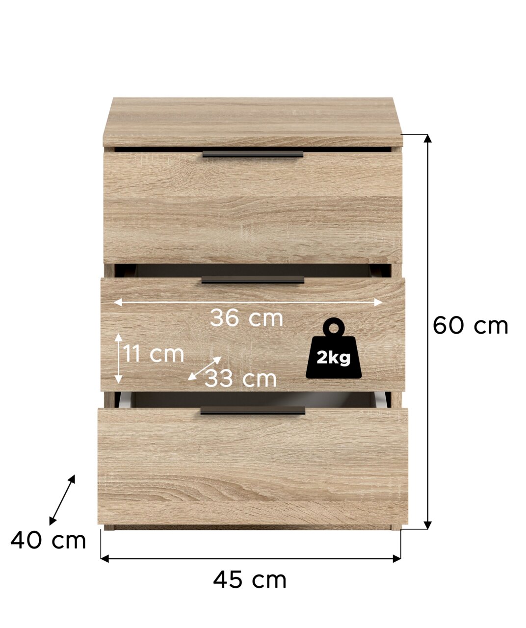 Nachttisch in heller Holzoptik mit drei Schubladen und schwarzen Griffleisten, Frontansicht; Maße ca. 45 x 40 x 60 cm, Schubladeninnenmaß ca. 36 x 33 x 11 cm, Belastbarkeit 2 kg.