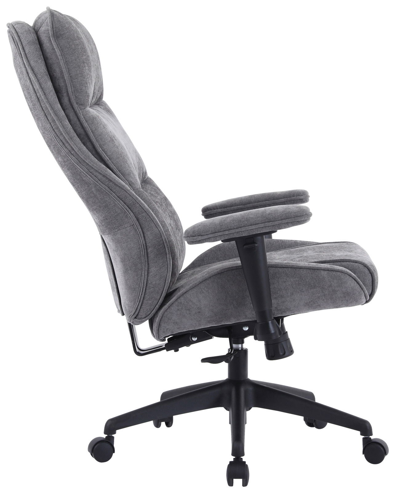 Grauer Homeoffice-Drehstuhl in Seitenansicht mit gepolsterter Rückenlehne und Armlehnen.