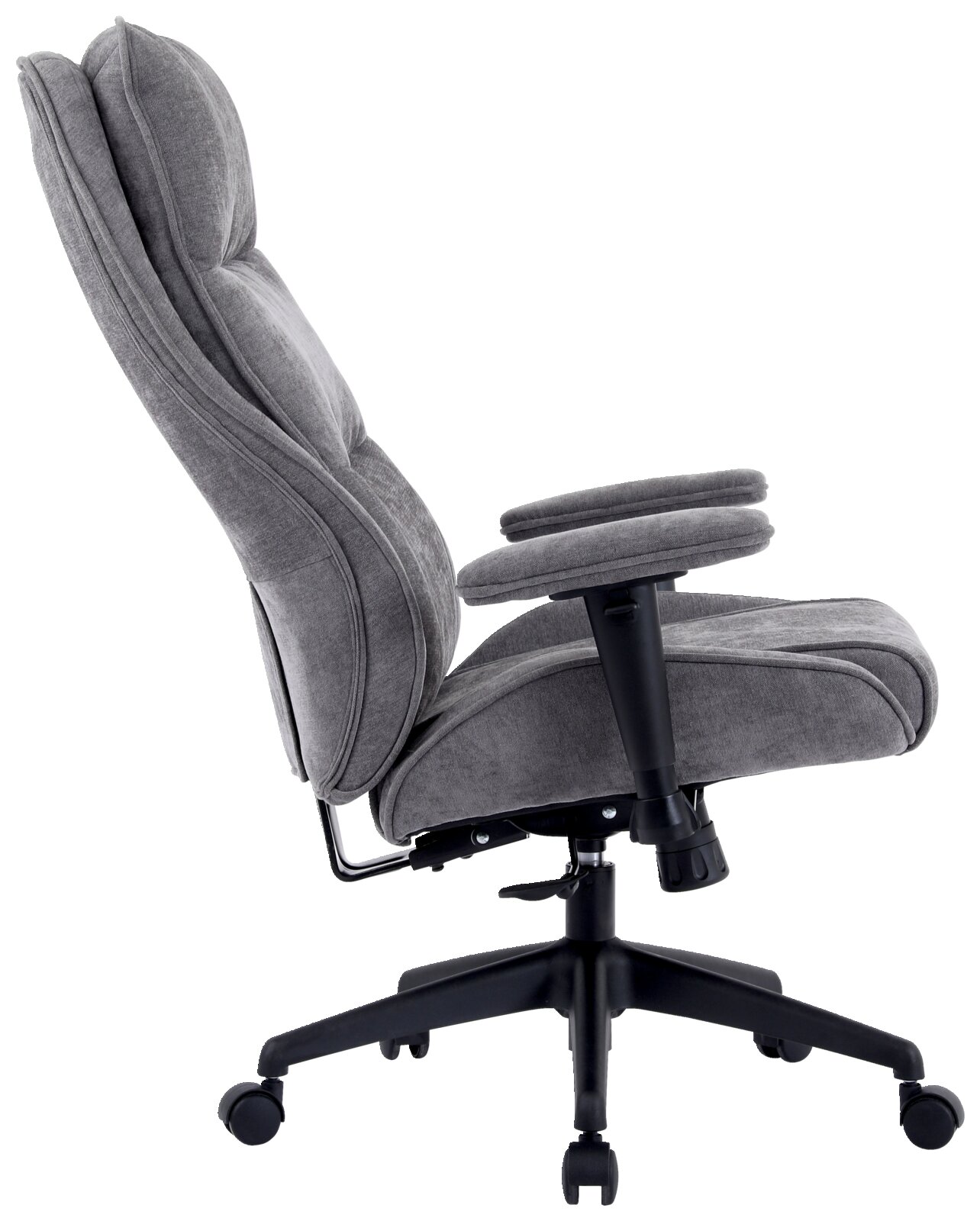 Grauer Homeoffice-Drehstuhl in Seitenansicht mit gepolsterter Rückenlehne und Armlehnen.