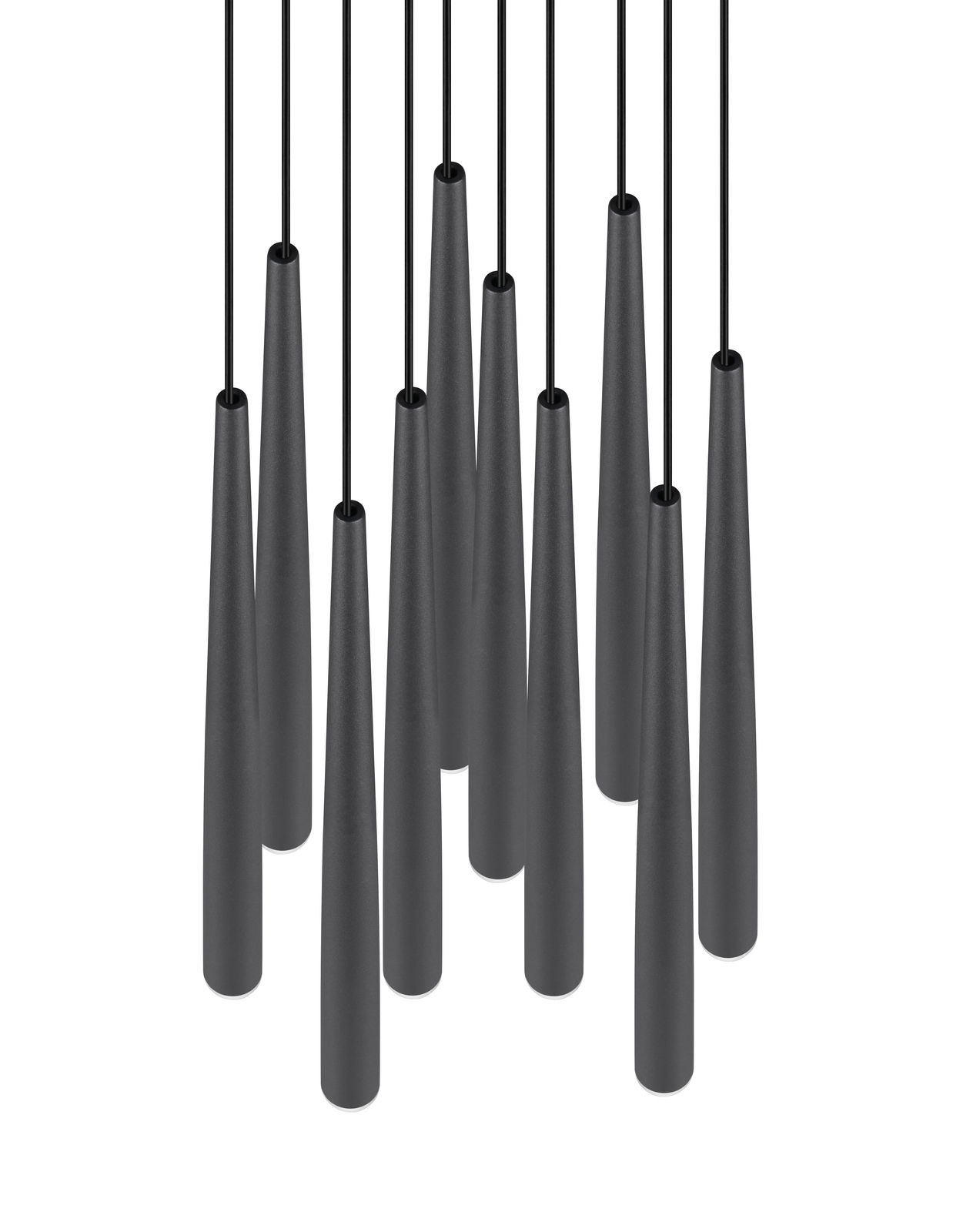 Moderne Pendelleuchte mit mehreren schwarzen, konischen Lampenschirmen, von oben betrachtet.