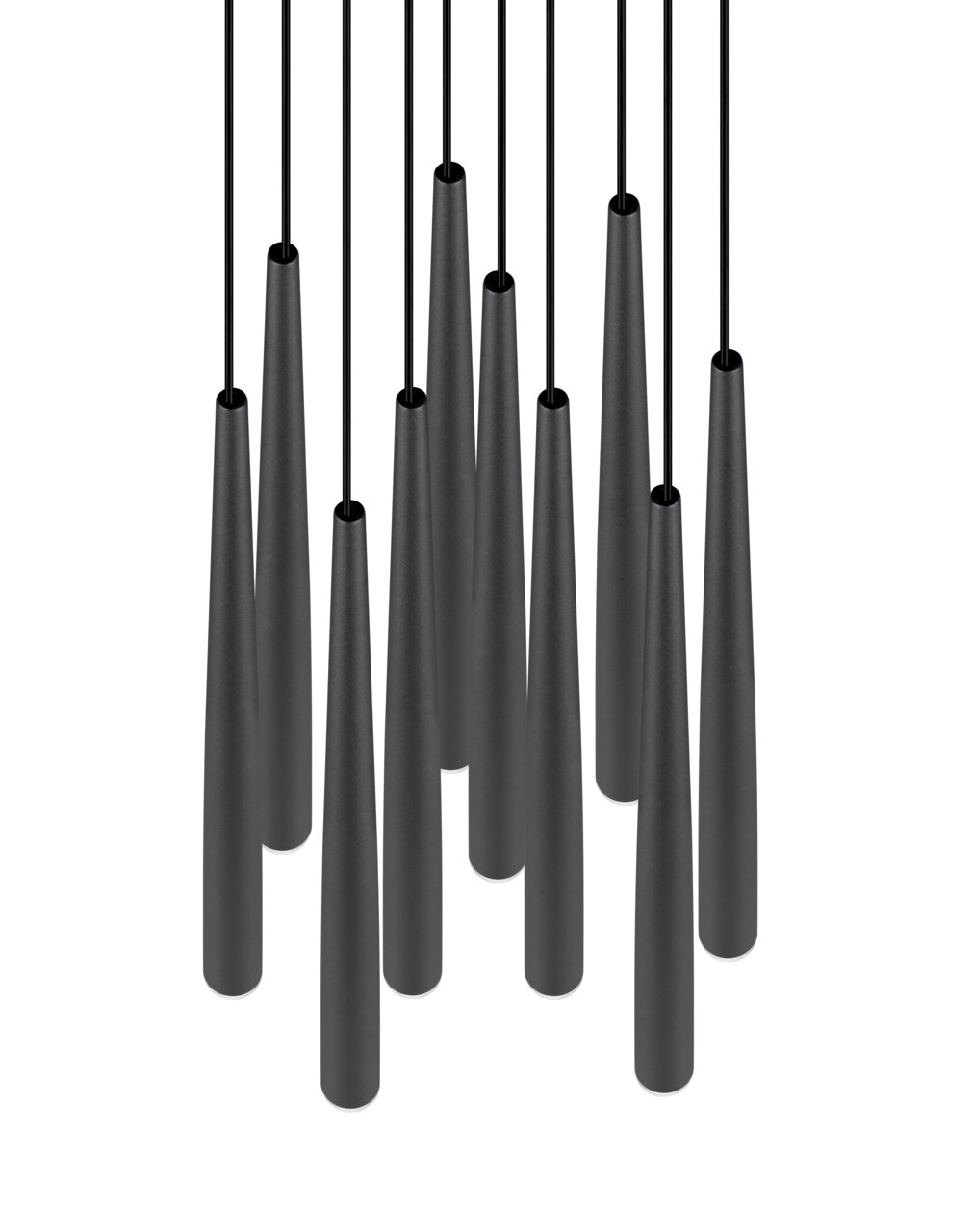 Moderne Pendelleuchte mit mehreren schwarzen, konischen Lampenschirmen, von oben betrachtet.