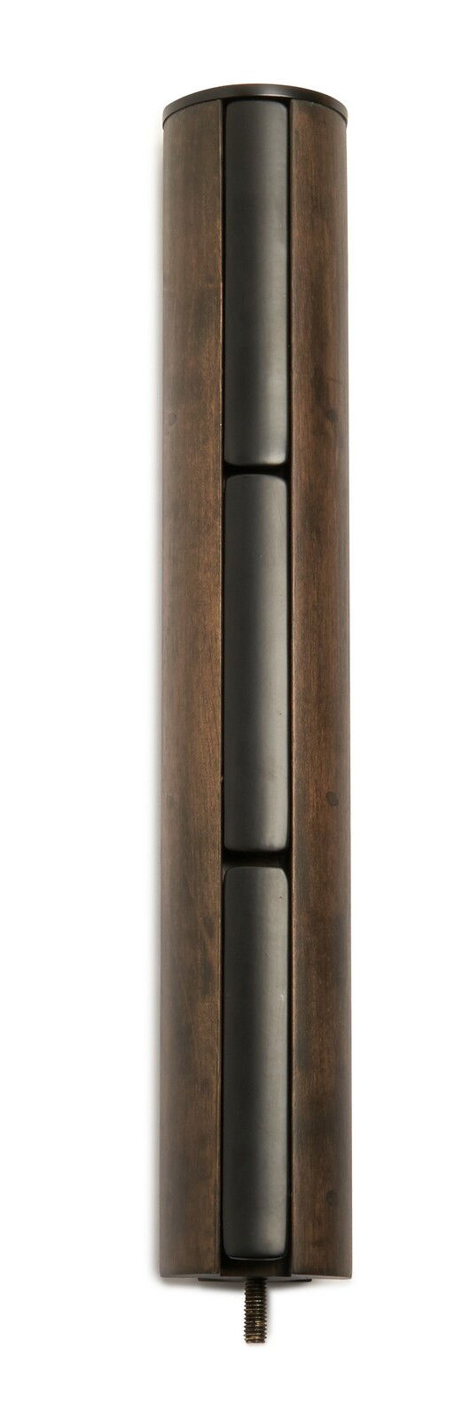 Nahaufnahme eines zusammengeklappten Garderobenständers in Holzoptik mit dunklen Akzenten, vertikale Perspektive.