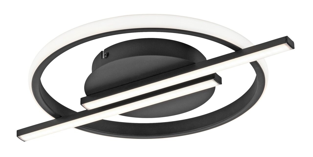 Moderne LED-Deckenleuchte in schwarzem Design mit kreisförmigem und linearem Element, seitliche Perspektive