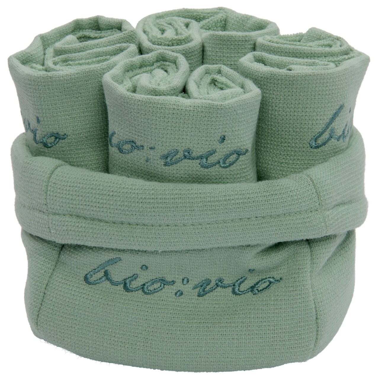 Grünes Gästetuchset in einem Korb, von oben betrachtet, mit dem Schriftzug 'bio:vio'.