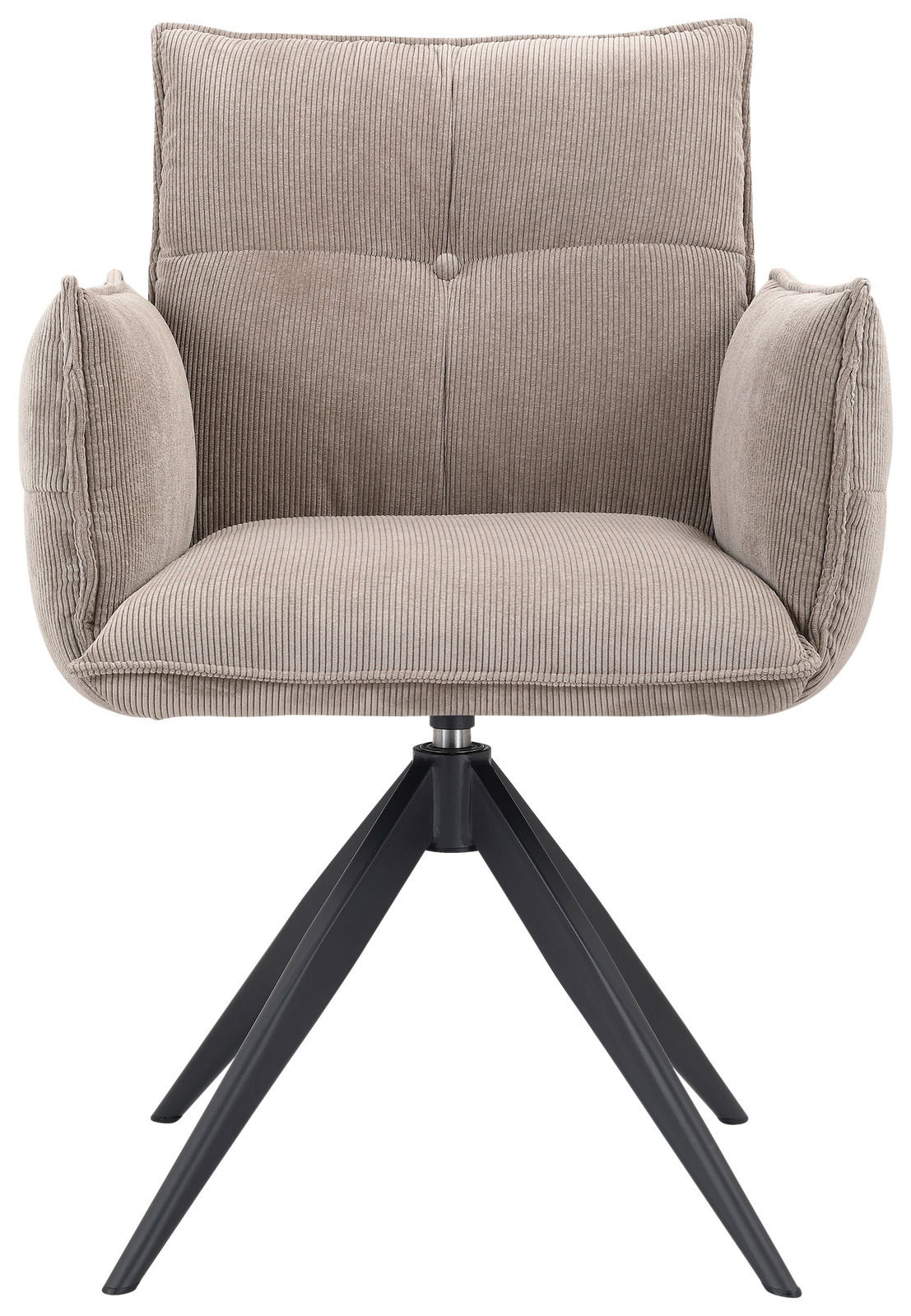 Frontansicht eines modernen Armlehnstuhls mit gepolstertem Sitz und Rückenlehne in beige, auf einem schwarzen Metallgestell.