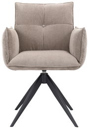 Frontansicht eines modernen Armlehnstuhls mit gepolstertem Sitz und Rückenlehne in beige, auf einem schwarzen Metallgestell.