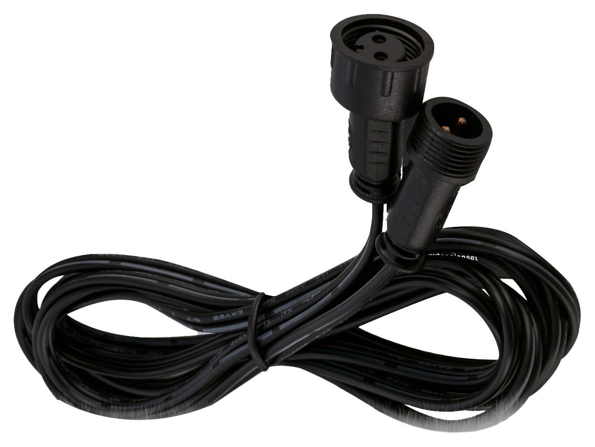 Schwarzes Verlängerungskabel mit zwei Steckverbindern, aus der Vogelperspektive fotografiert.