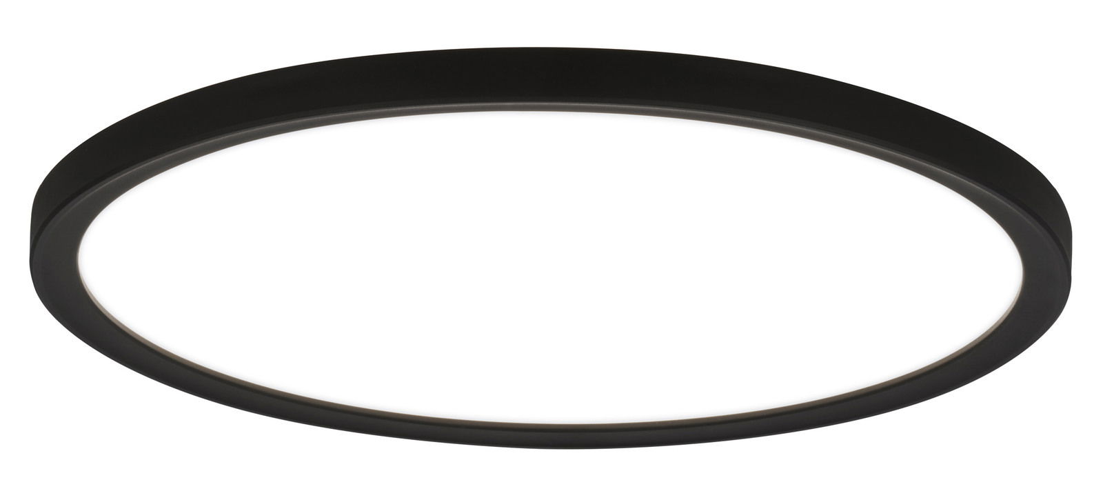 Runde LED-Deckenleuchte mit schwarzem Rahmen, seitliche Perspektive
