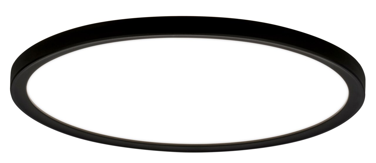 Runde LED-Deckenleuchte mit schwarzem Rahmen, seitliche Perspektive