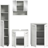 Badezimmermöbel-Set in Weiß, bestehend aus einem hohen Schrank, einem Spiegelschrank, einem Waschbeckenunterschrank und einem weiteren Schrank, alle mit offenen Türen, aus der Frontalperspektive.