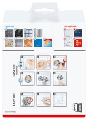 Verpackung des tesa Exxcellent Mundglashalters, Vorderansicht mit Anwendungsanweisungen und Materialkompatibilität.