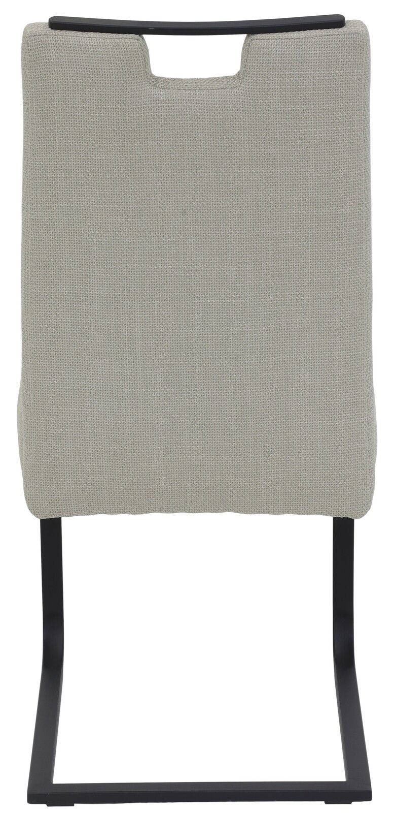 Rückansicht eines Schwingstuhls mit grauem Stoffbezug und schwarzem Metallgestell