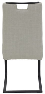 Rückansicht eines Schwingstuhls mit grauem Stoffbezug und schwarzem Metallgestell