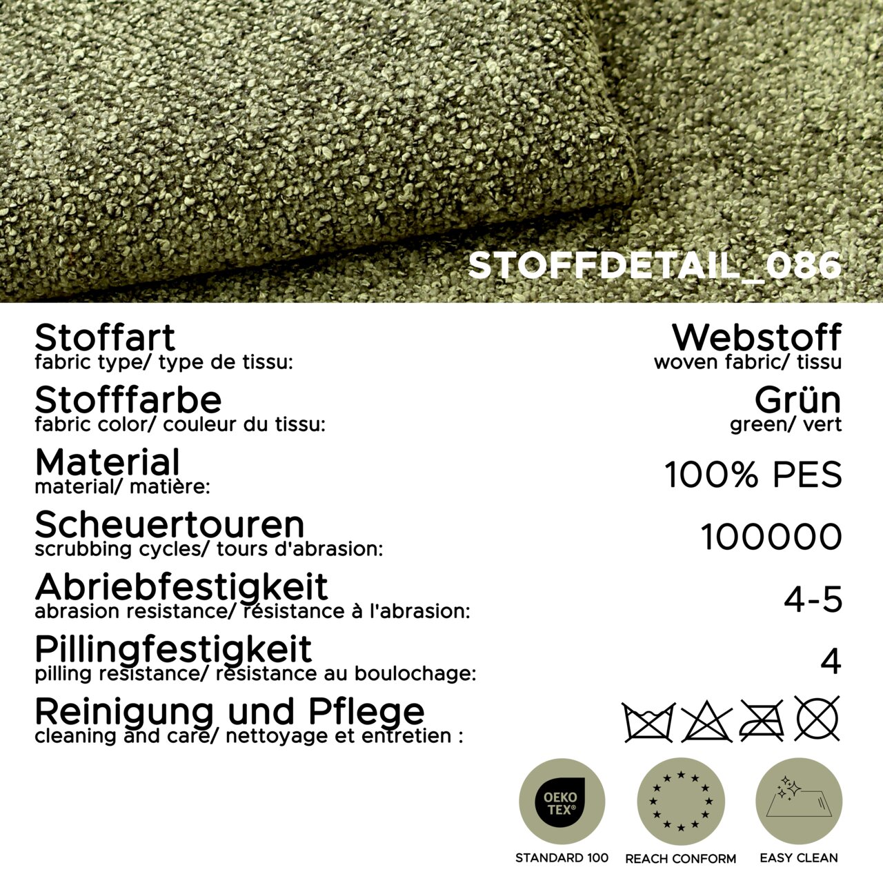 Grüner Webstoff aus 100% PES mit grober Struktur, Stoffdetail in Nahaufnahme/Detailansicht von schräg oben; Angaben: 100.000 Scheuertouren, Abriebfestigkeit 4–5, Pillingfestigkeit 4, OEKO-TEX Standard 100, REACH conform, Easy Clean.