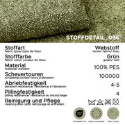 Grüner Webstoff aus 100% PES mit grober Struktur, Stoffdetail in Nahaufnahme/Detailansicht von schräg oben; Angaben: 100.000 Scheuertouren, Abriebfestigkeit 4–5, Pillingfestigkeit 4, OEKO-TEX Standard 100, REACH conform, Easy Clean.