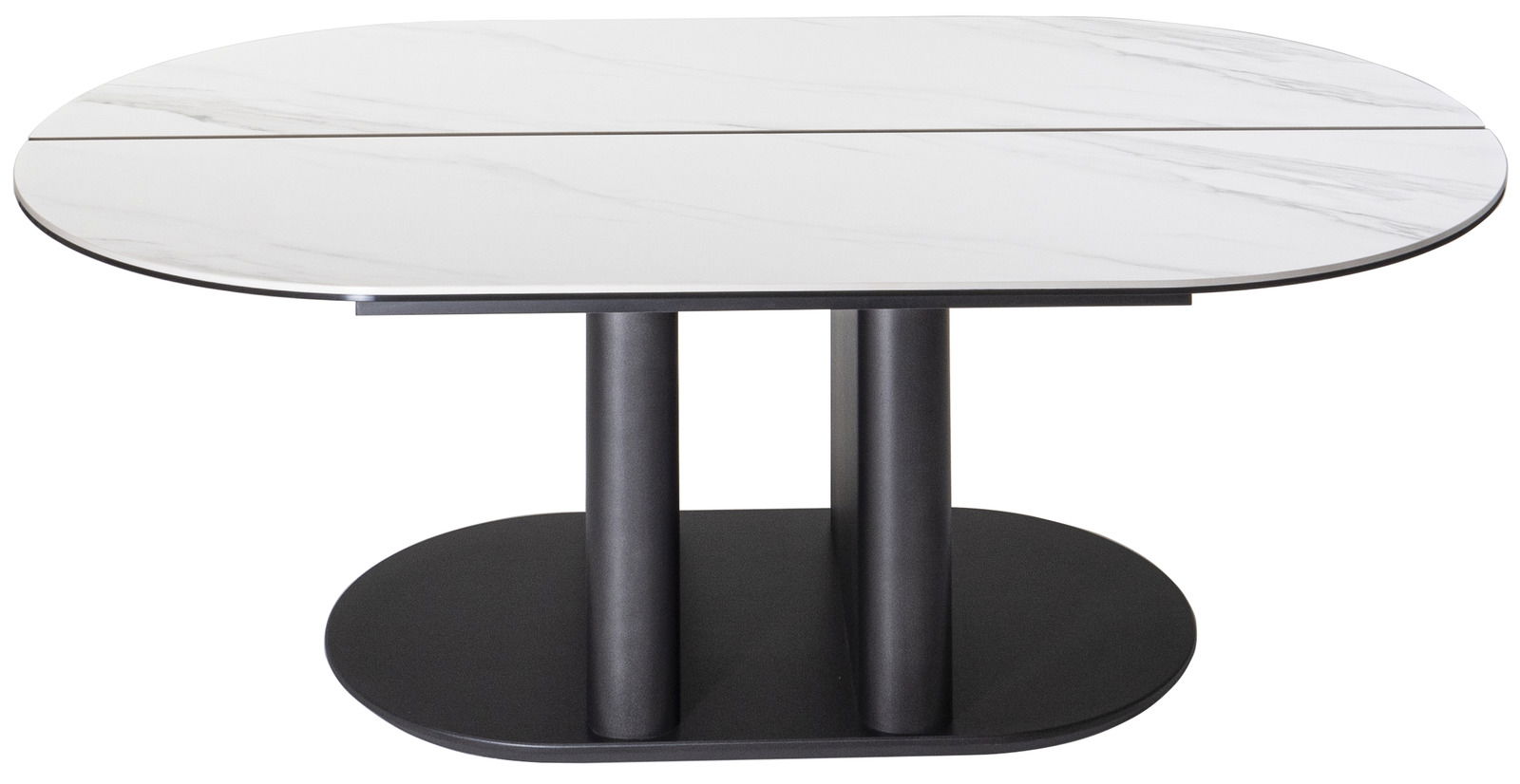 Moderner Couchtisch mit ovaler Marmoroptik-Tischplatte und schwarzem Sockel, seitliche Perspektive