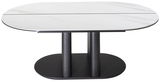 Moderner Couchtisch mit ovaler Marmoroptik-Tischplatte und schwarzem Sockel, seitliche Perspektive