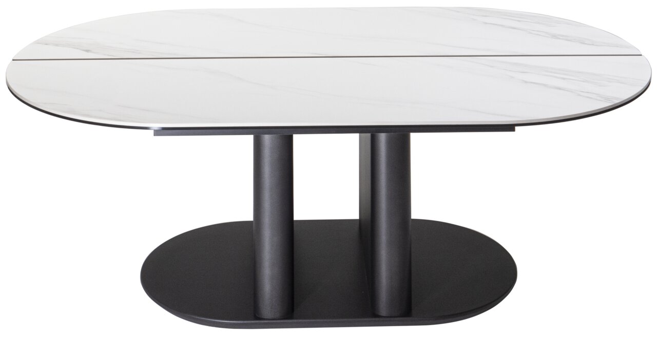 Moderner Couchtisch mit ovaler Marmoroptik-Tischplatte und schwarzem Sockel, seitliche Perspektive