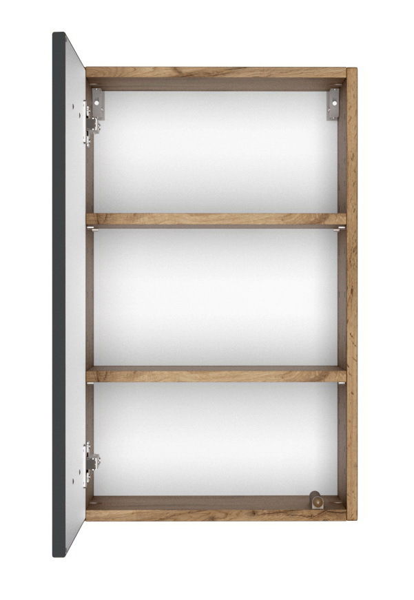 Offener Hängeschrank aus Holz mit zwei Regalböden, Tür links geöffnet, Frontalansicht