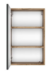 Offener Hängeschrank aus Holz mit zwei Regalböden, Tür links geöffnet, Frontalansicht