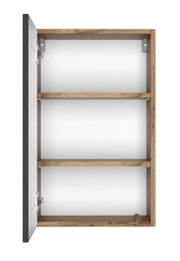 Offener Hängeschrank aus Holz mit zwei Regalböden, Tür links geöffnet, Frontalansicht