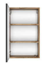 Offener Hängeschrank aus Holz mit zwei Regalböden, Tür links geöffnet, Frontalansicht