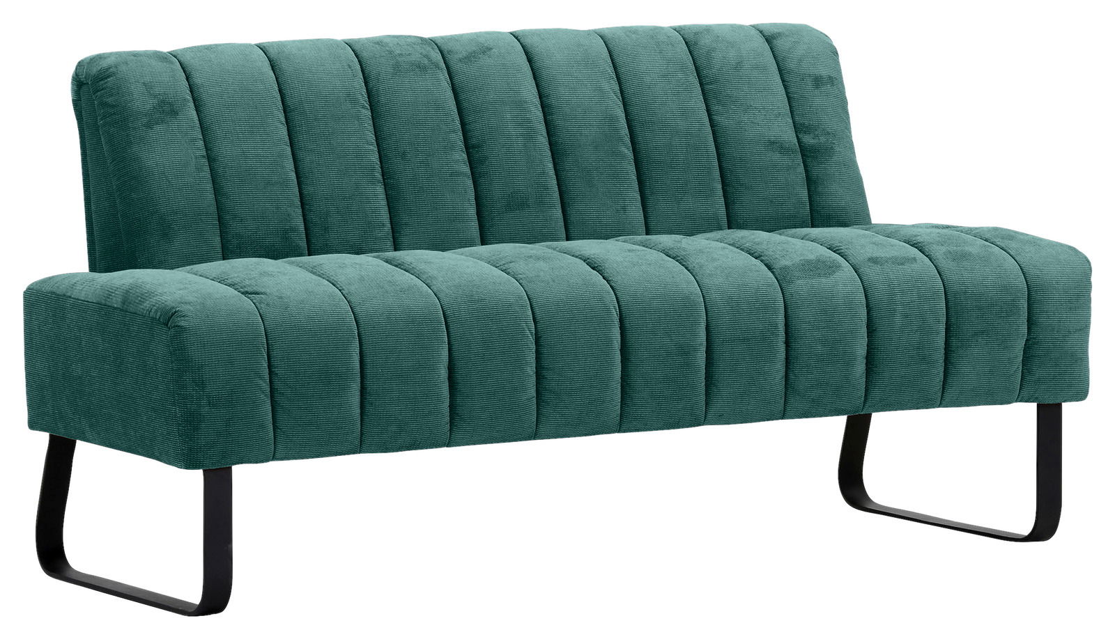 Novel 2er-Sitzbank LAILA Grüne 2er-Sitzbank mit vertikaler Steppung und schwarzen Metallbeinen, seitliche Perspektive
