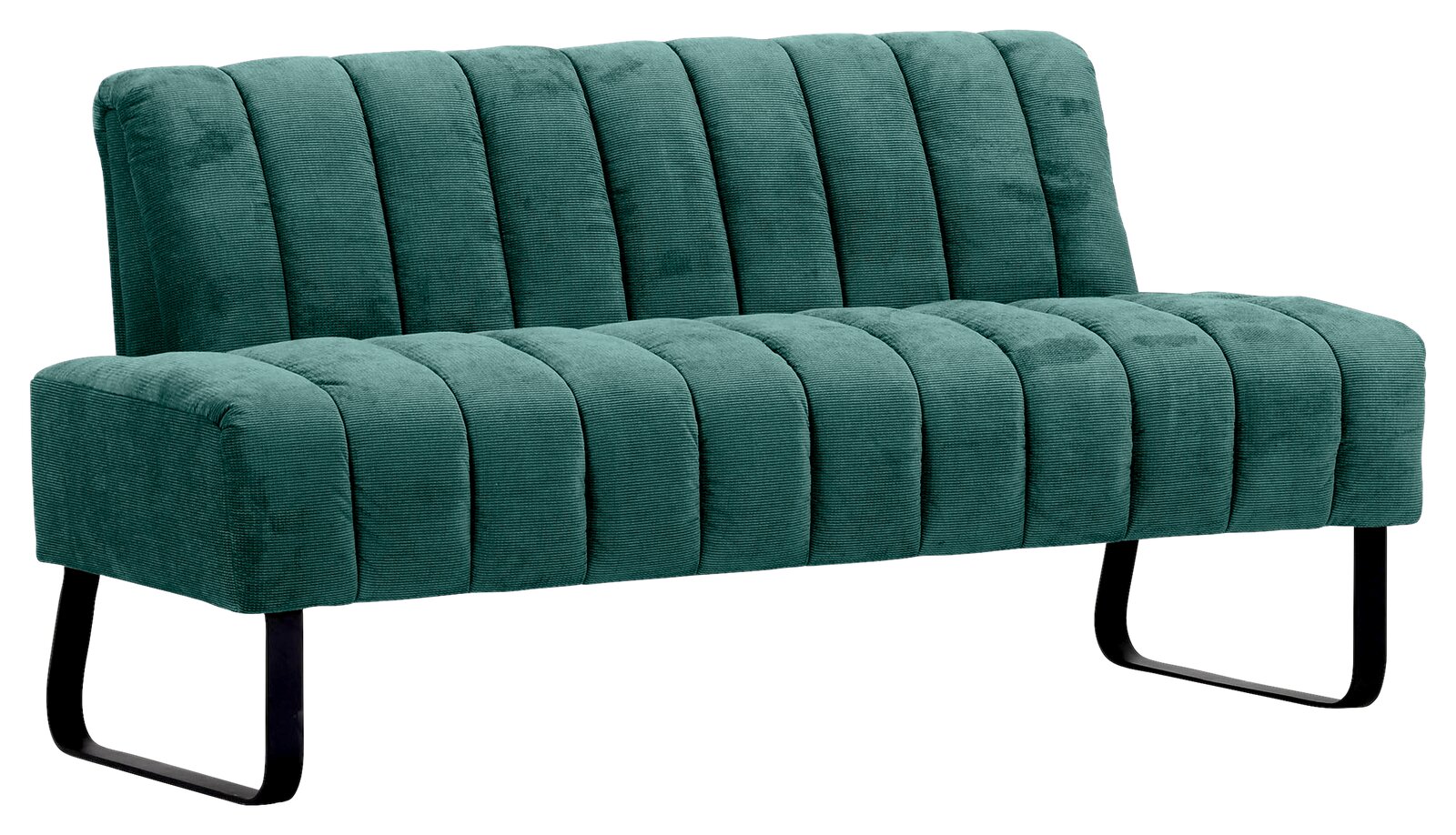 Novel 2er-Sitzbank LAILA Grüne 2er-Sitzbank mit vertikaler Steppung und schwarzen Metallbeinen, seitliche Perspektive