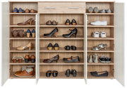 Großer XL-Schuhschrank mit offenen Türen, gefüllt mit verschiedenen Schuhen, aus der Frontalperspektive.