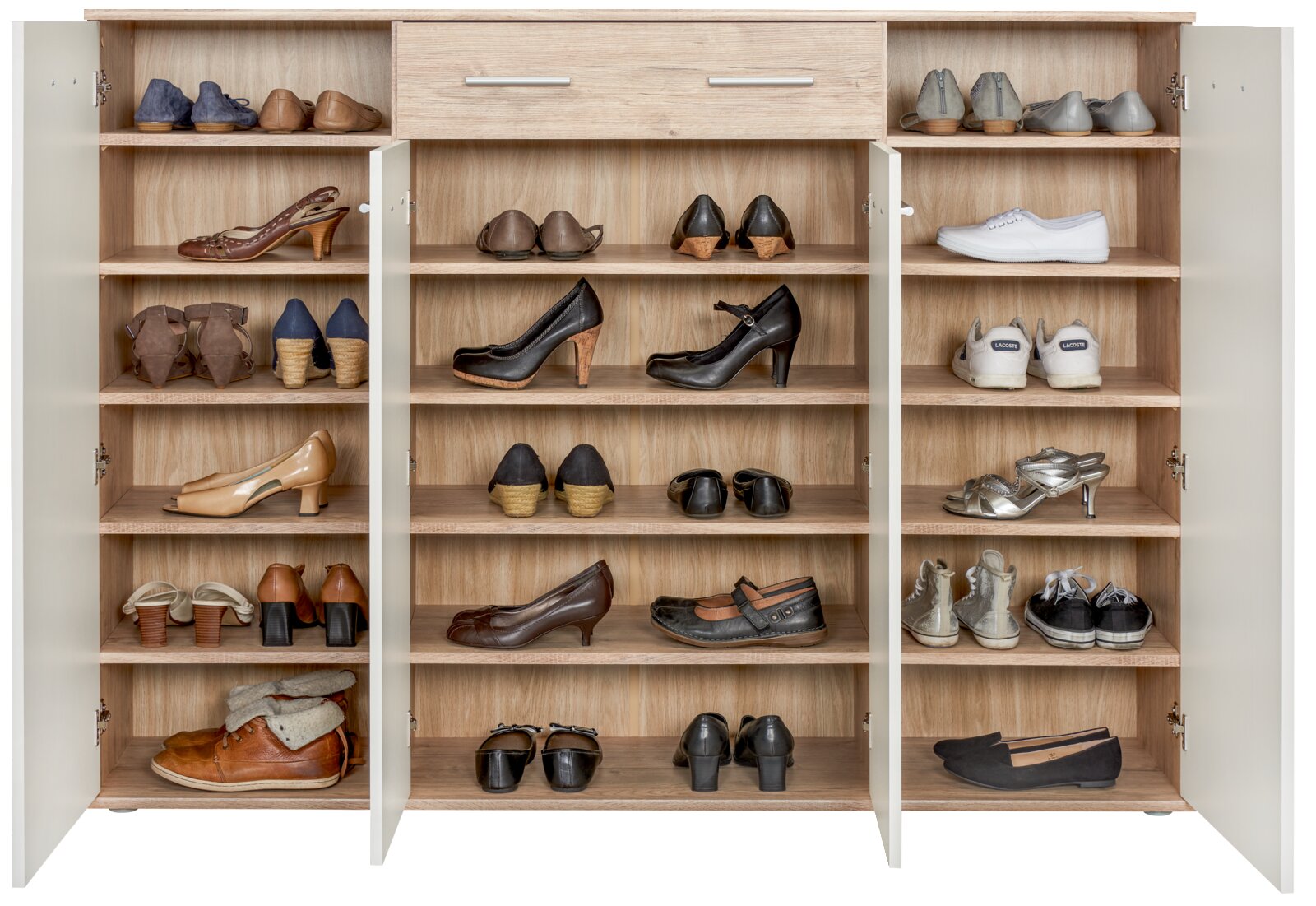 Großer XL-Schuhschrank mit offenen Türen, gefüllt mit verschiedenen Schuhen, aus der Frontalperspektive.