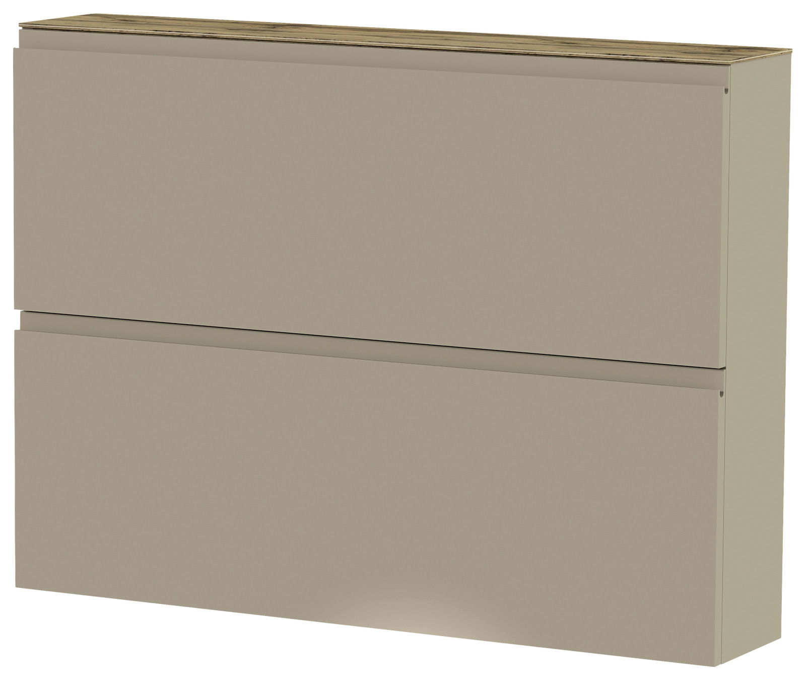 Hängeschuhschrank 2K-T22 in seitlicher Perspektive, zweifach unterteilt, in neutralem Beige.