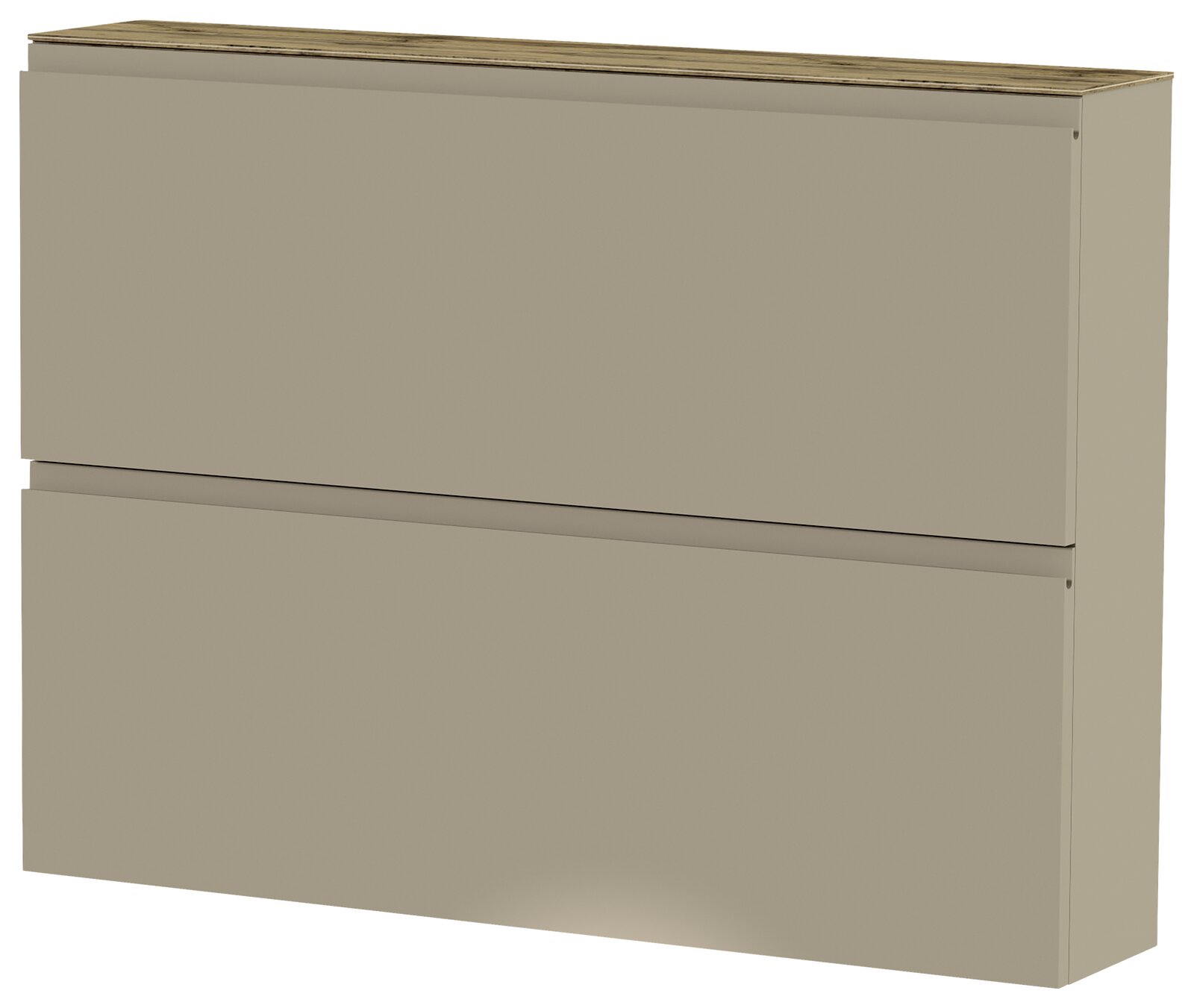 Hängeschuhschrank 2K-T22 in seitlicher Perspektive, zweifach unterteilt, in neutralem Beige.