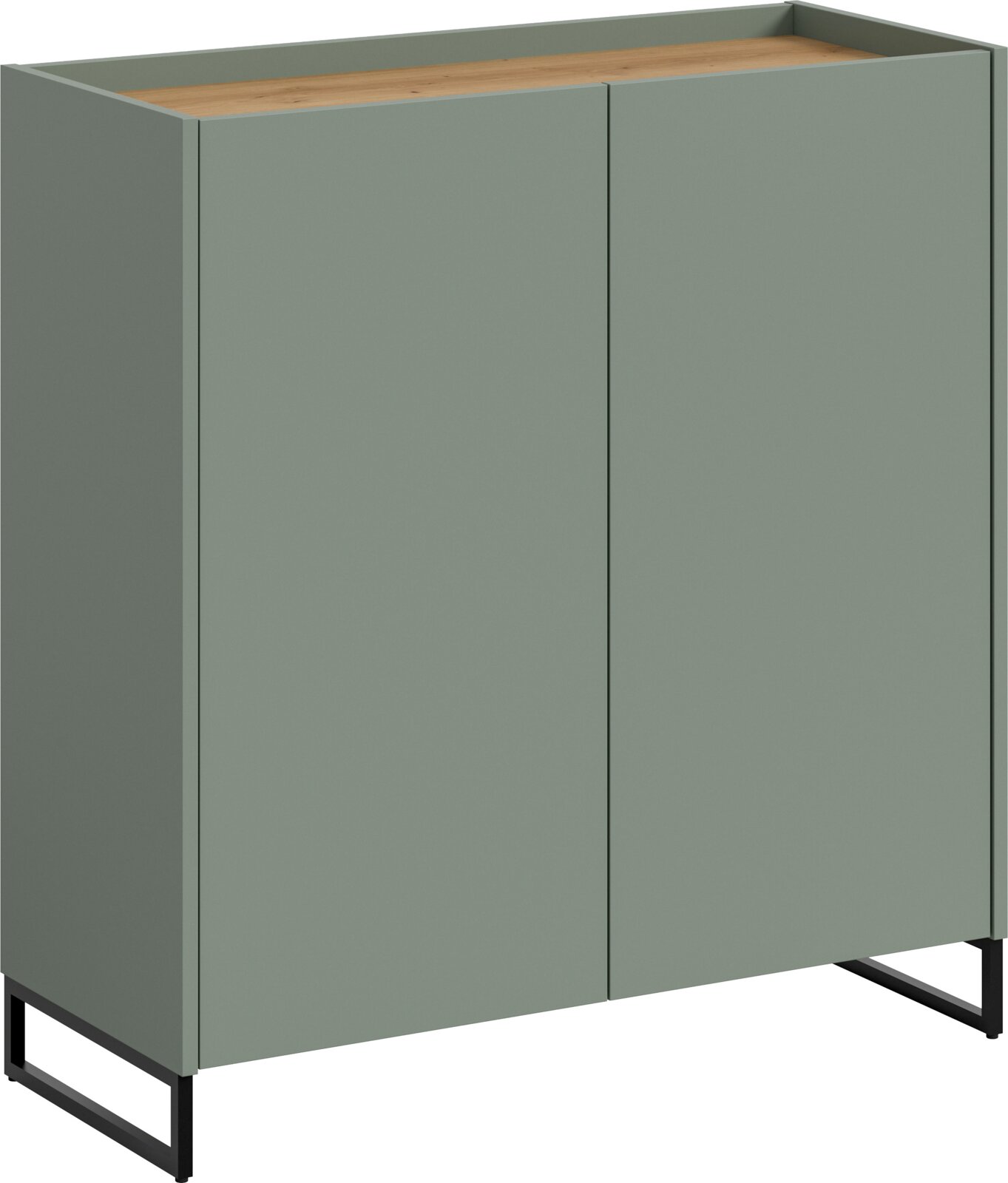 MID.YOU Schuhkommode DRIVE Modernes Sideboard in Salbeigrün mit glatten Fronten, Holzoberplatte und schwarzem Metallgestell, schräg von vorn links in leichter Aufsicht freigestellt