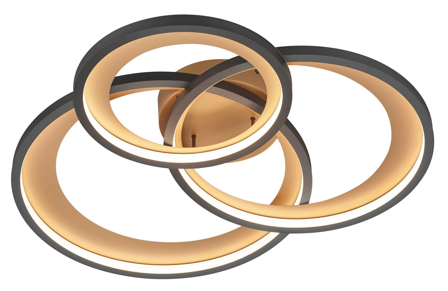 Moderne LED-Deckenleuchte Trio Leuchten GRANADA mit drei ineinander verschlungenen Ringen, seitliche Perspektive.