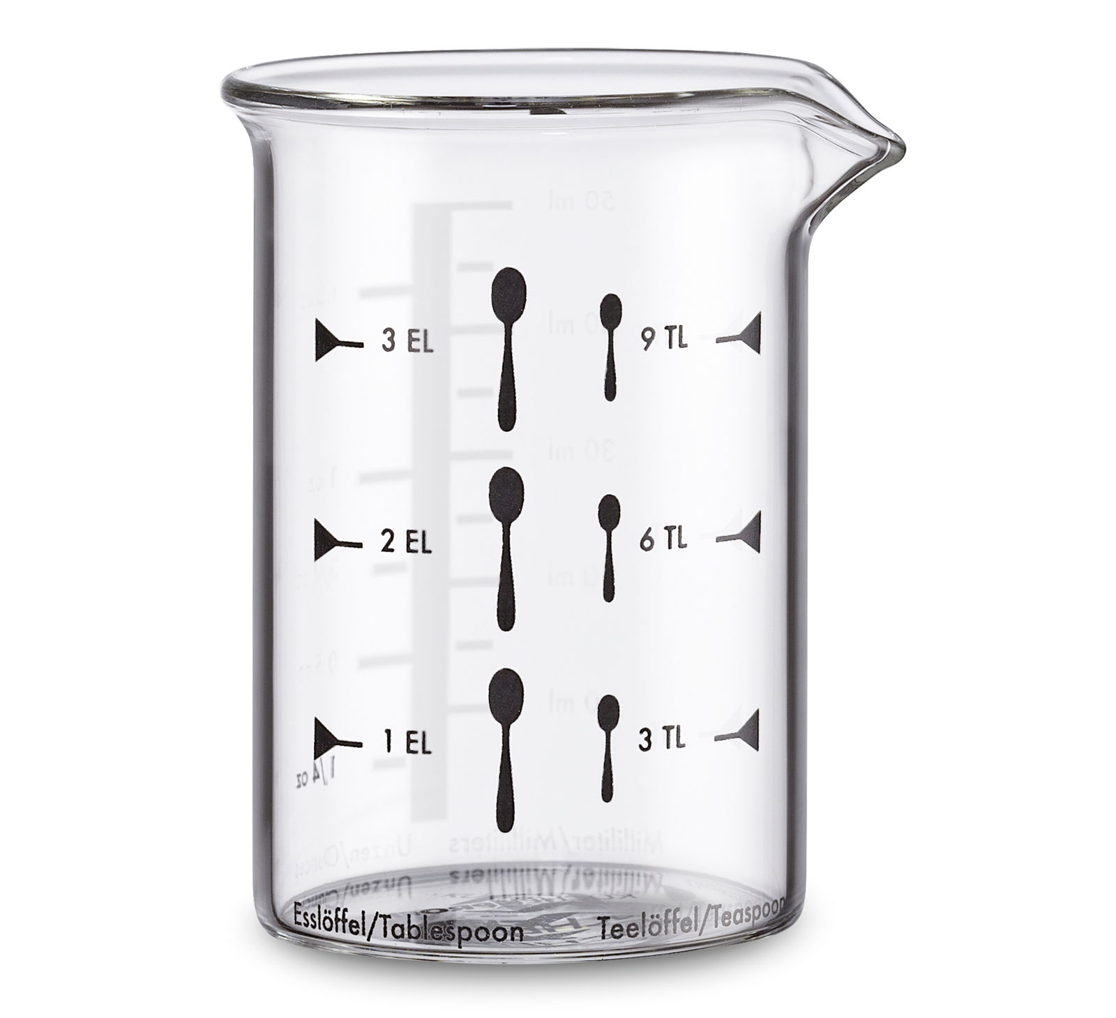 Glas-Messbecher mit Skala für Esslöffel und Teelöffel, seitliche Ansicht
