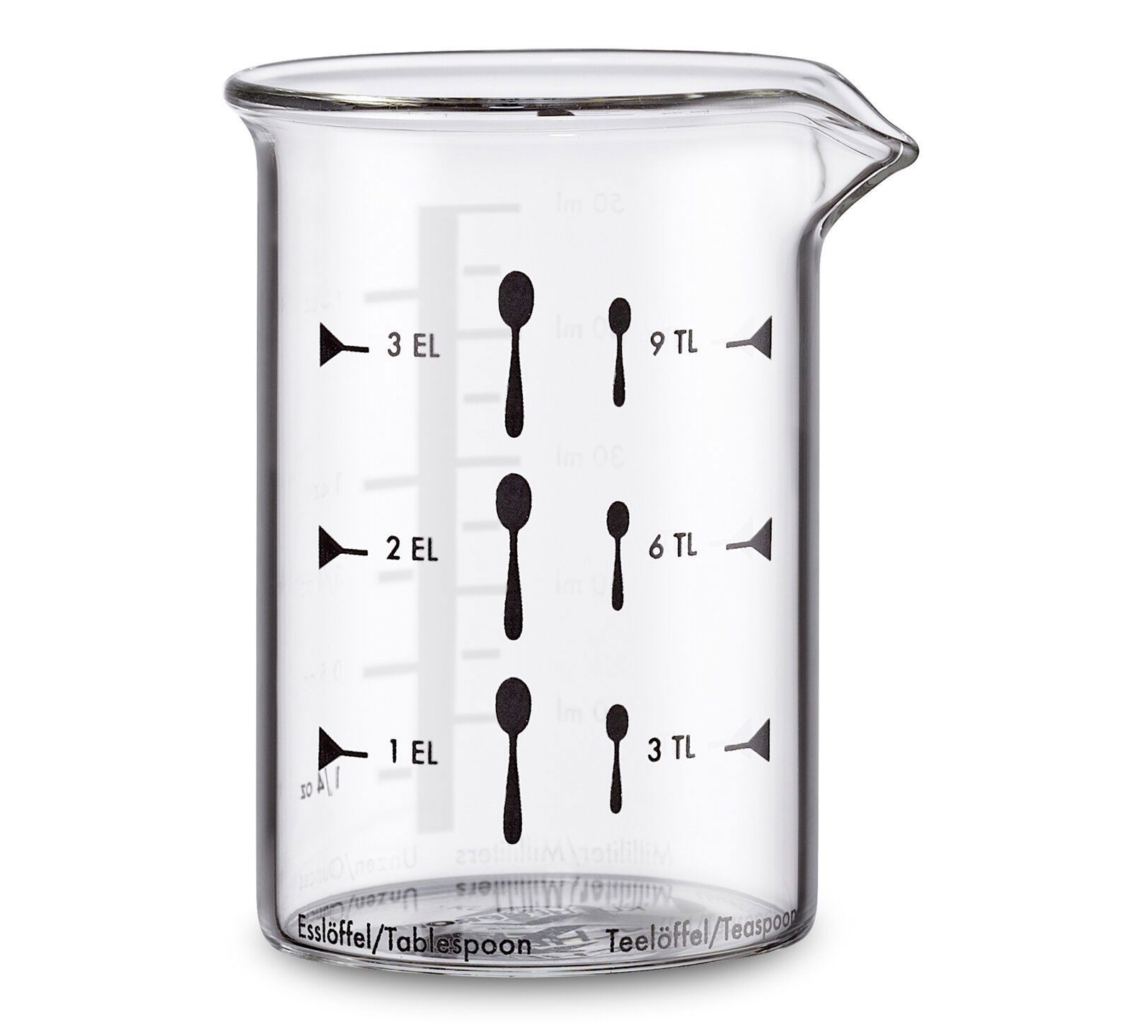 Glas-Messbecher mit Skala für Esslöffel und Teelöffel, seitliche Ansicht