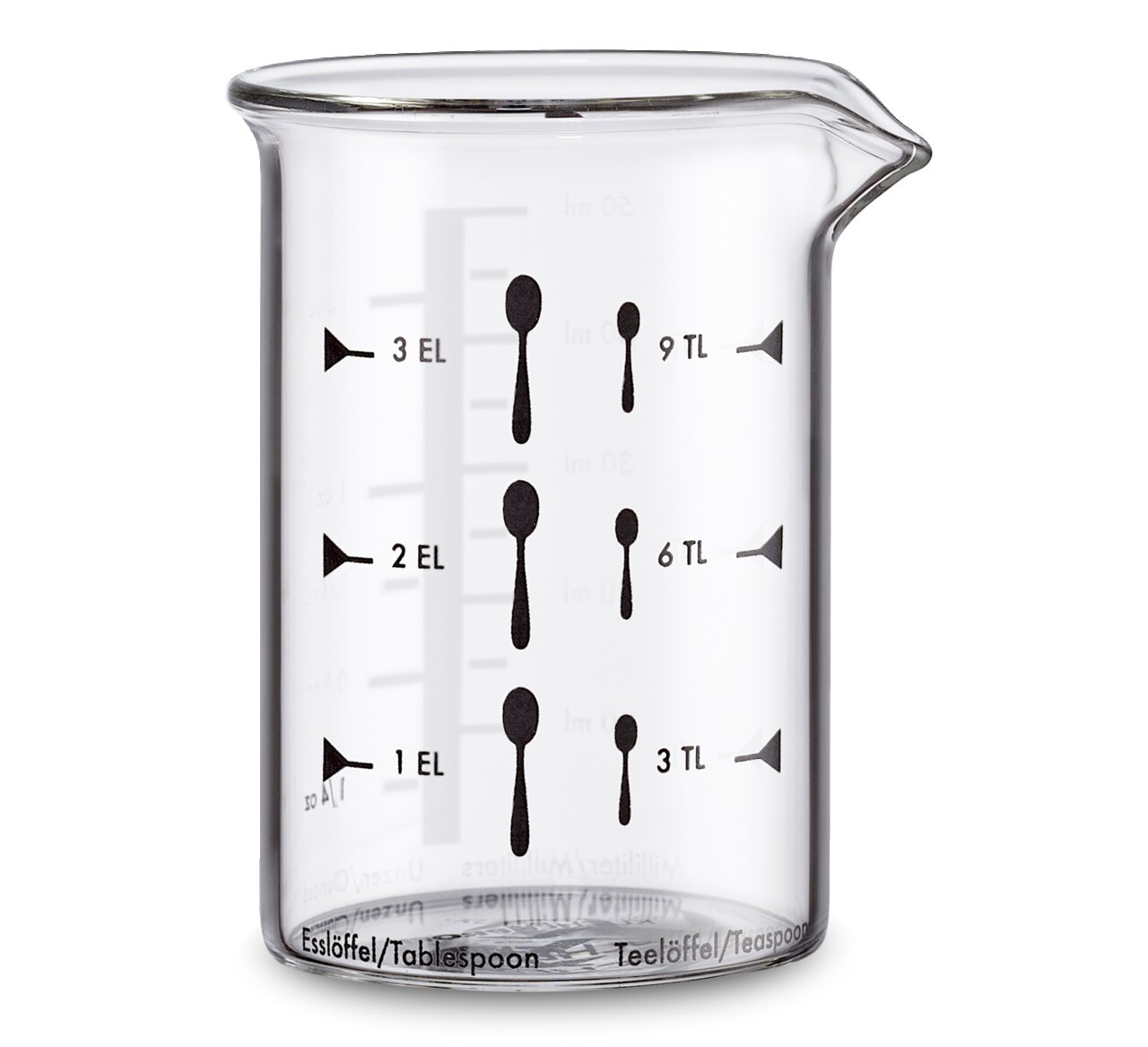 Glas-Messbecher mit Skala für Esslöffel und Teelöffel, seitliche Ansicht