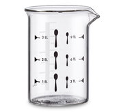 Glas-Messbecher mit Skala für Esslöffel und Teelöffel, seitliche Ansicht