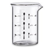 Glas-Messbecher mit Skala für Esslöffel und Teelöffel, seitliche Ansicht