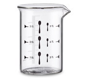 Glas-Messbecher mit Skala für Esslöffel und Teelöffel, seitliche Ansicht