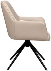 Seitenansicht eines beigen Armlehnstuhls mit schwarzem Metallgestell.