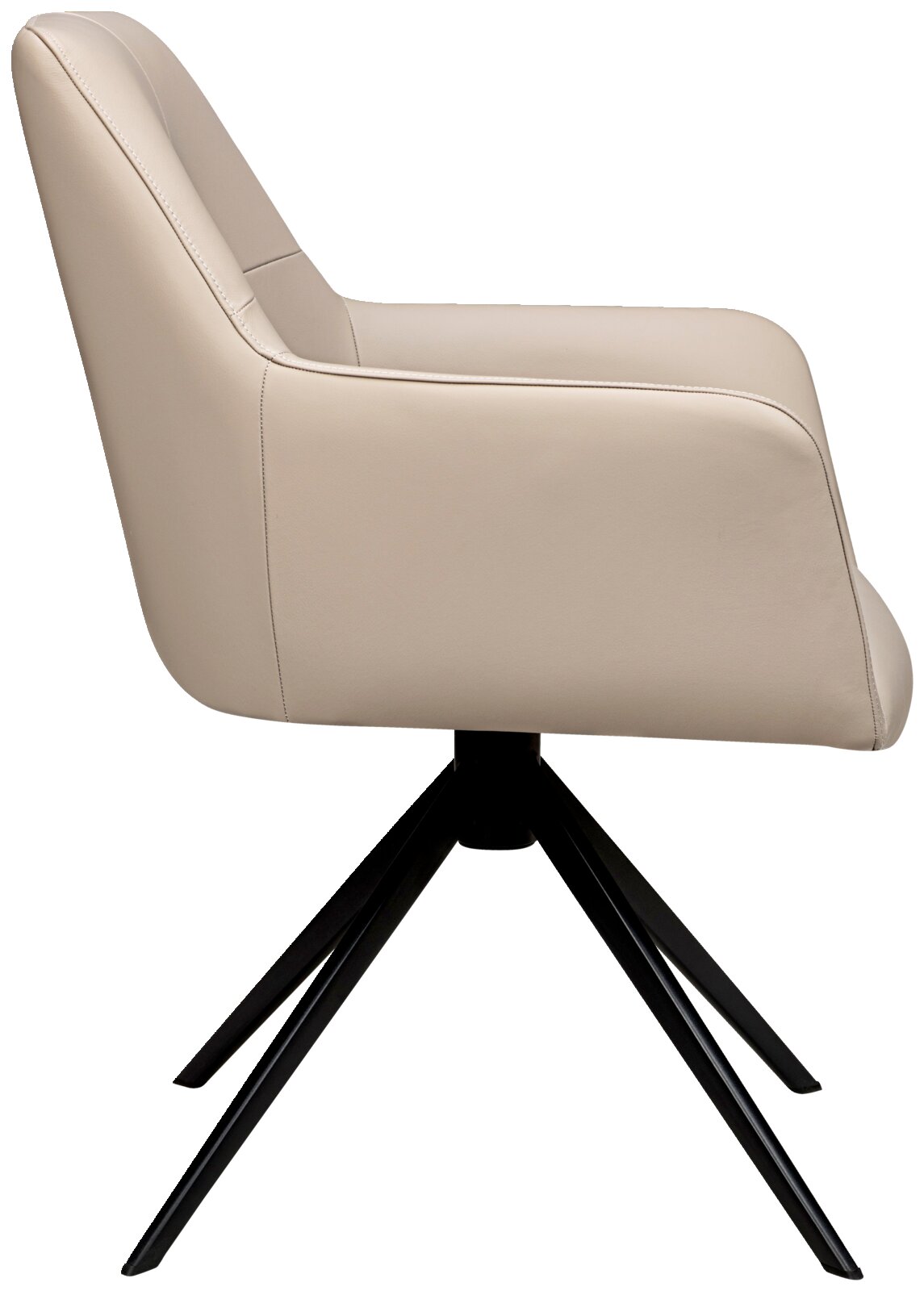 Seitenansicht eines beigen Armlehnstuhls mit schwarzem Metallgestell.