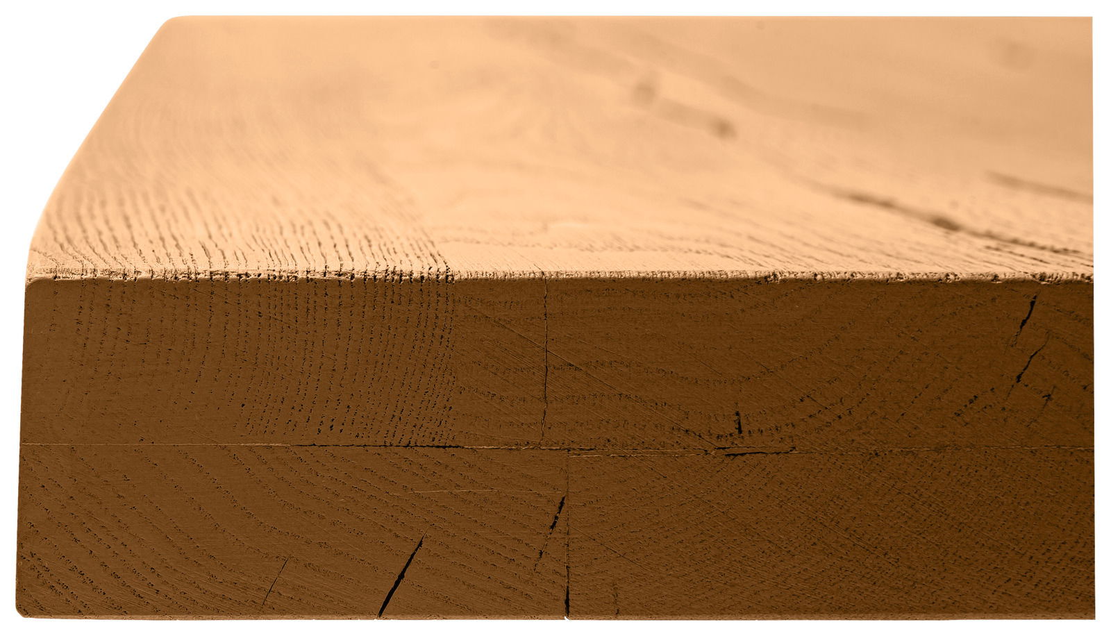 Nahaufnahme einer Tischplatte aus Holz, seitliche Perspektive