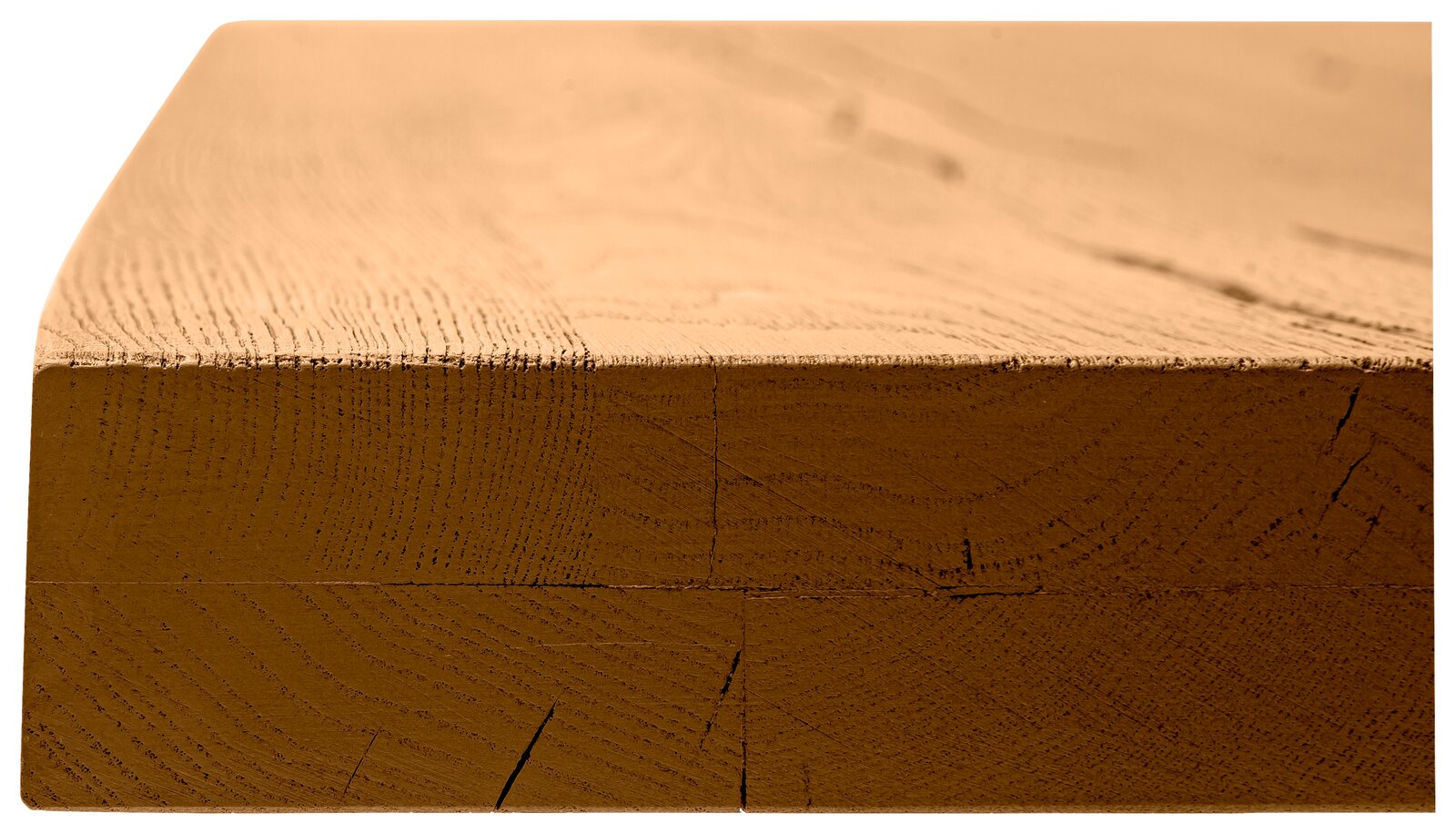 Nahaufnahme einer Tischplatte aus Holz, seitliche Perspektive