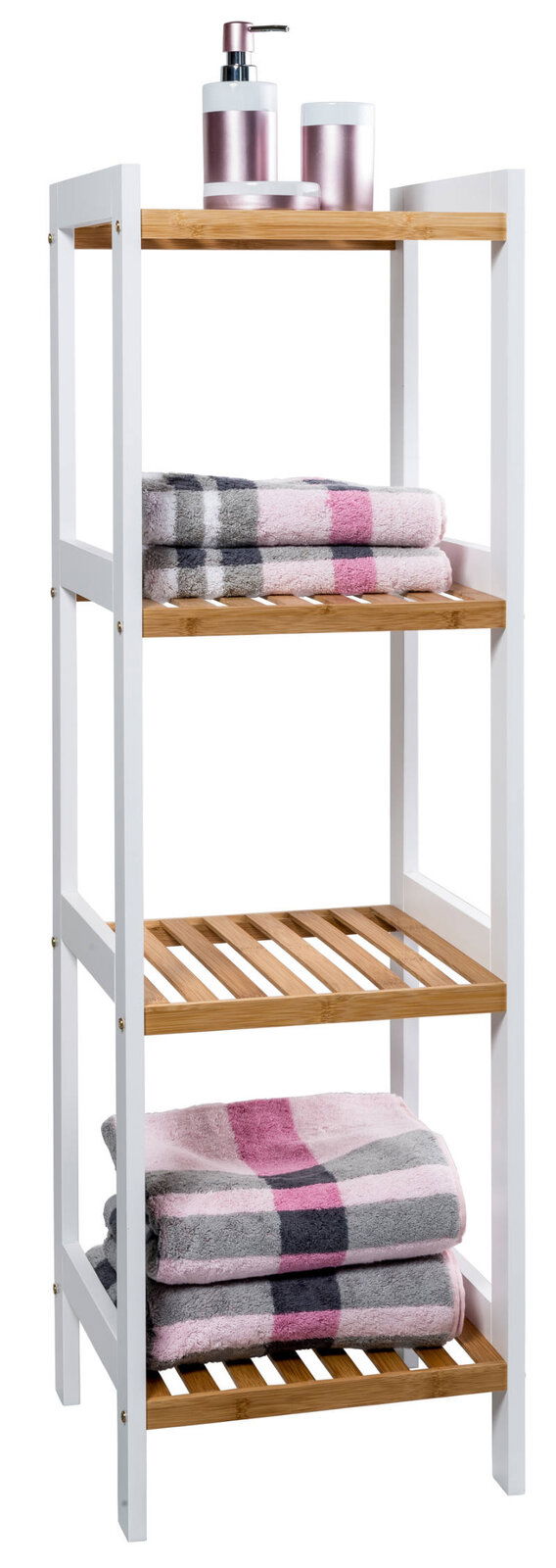 Regal aus Holz mit weißen Seiten und drei Ablagen, darauf Handtücher und Badezimmerzubehör, seitliche Perspektive